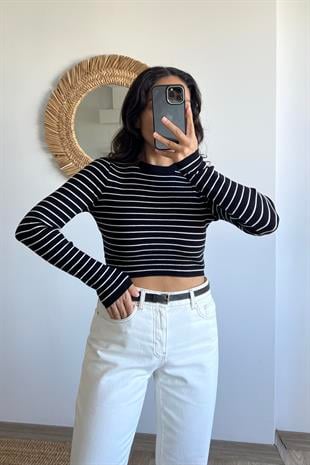 MD Siyah Çizgili Yumuşak Dokulu Crop Bluz uygun fiyatlarda www.butikhola.com adresinde