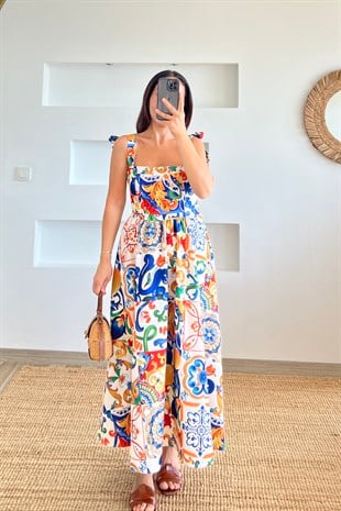 Omuzdan Bağlamalı Desenli Elbise uygun fiyatlarda www.butikhola.com adresinde
