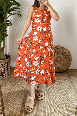 Oranj Çiçek Desenli Elbise uygun fiyatlarda www.butikhola.com adresinde