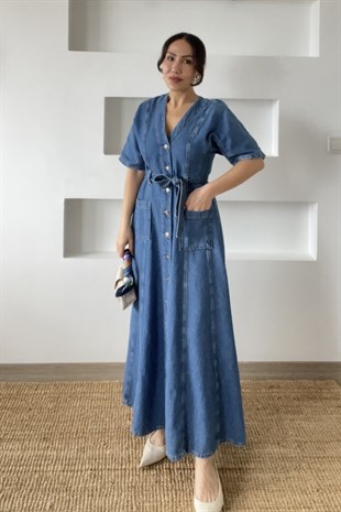 Orjinal Marka Önü Düğmeli Kot Elbise uygun fiyatlarda www.butikhola.com adresinde