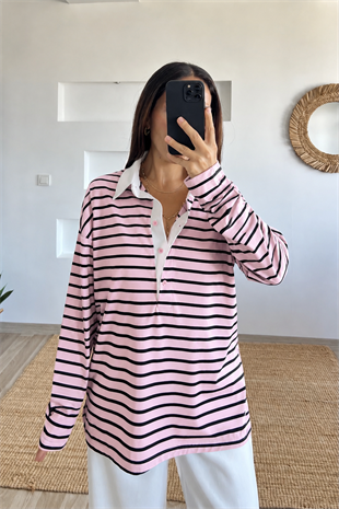 Pembe Çizgili Polo Yaka Uzun Kol Tshirt uygun fiyatlarda www.butikhola.com adresinde