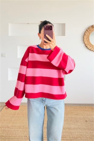 Pembe Kontrast Biyeli Çizgili Sweatshirt uygun fiyatlarda www.butikhola.com adresinde