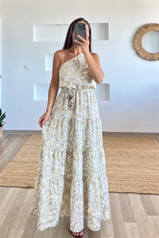 Şal Desenli Tek Omuz Maxi Elbise uygun fiyatlarda www.butikhola.com adresinde