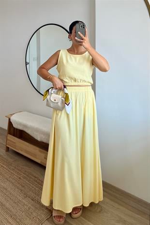 Sarı Keten Etek Bluz Takım uygun fiyatlarda www.butikhola.com adresinde