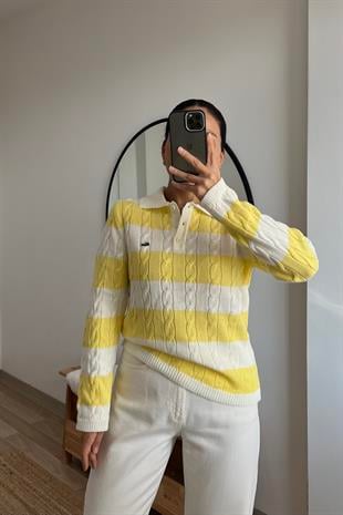 Sarı Şeritli Polo Yaka Triko uygun fiyatlarda www.butikhola.com adresinde