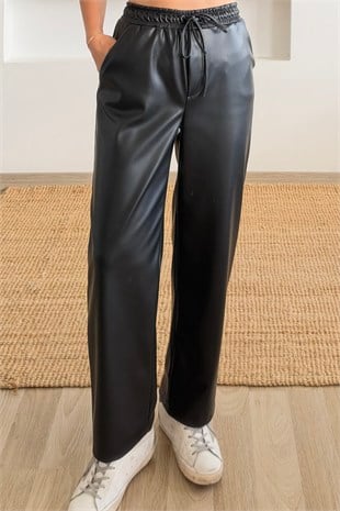 Siyah Beli Lastikli Deri Pantolon uygun fiyatlarda www.butikhola.com adresinde