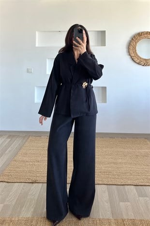 Siyah Çıkarılabilir Broşlu Kimono Pantolon Takım uygun fiyatlarda www.butikhola.com adresinde