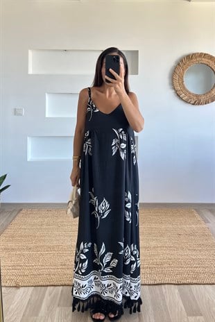 Siyah Desenli Eteği Püsküllü Elbise uygun fiyatlarda www.butikhola.com adresinde