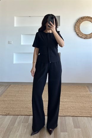Siyah Fermuarlı Bluz Pantolon Takım uygun fiyatlarda www.butikhola.com adresinde