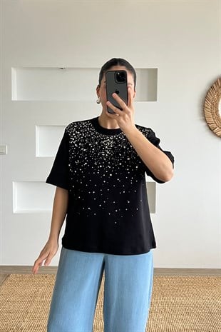 Siyah Önü Taşlı Çakımlı Tshirt uygun fiyatlarda www.butikhola.com adresinde