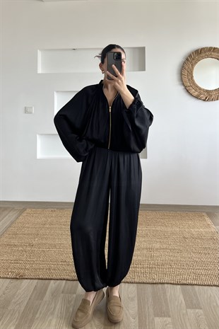Siyah Saten Bomber Pantolon Takım uygun fiyatlarda www.butikhola.com adresinde
