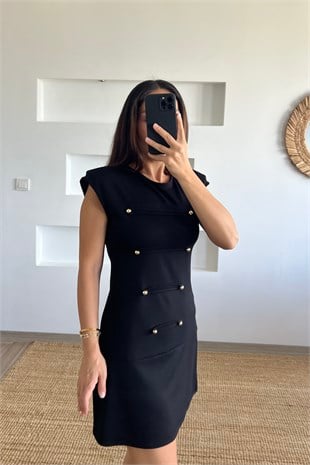 Siyah Süslü Düğmeli Vatkalı Elbise uygun fiyatlarda www.butikhola.com adresinde