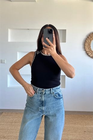 Siyah Taş Çakımlı Fitilli Kolsuz Tshirt uygun fiyatlarda www.butikhola.com adresinde