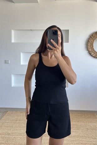 Siyah U Yaka Askılı Fitilli Atlet uygun fiyatlarda www.butikhola.com adresinde