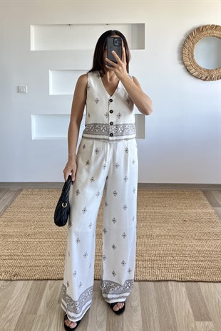 Taş Etnik Desen Yelek Pantolon Keten Takım uygun fiyatlarda www.butikhola.com adresinde