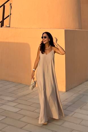 Taş Rengi Ayarlanabilir Askılı Tensel Elbise uygun fiyatlarda www.butikhola.com adresinde