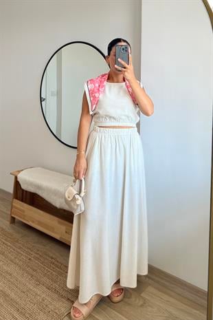 Taş Rengi Keten Etek Bluz Takım uygun fiyatlarda www.butikhola.com adresinde