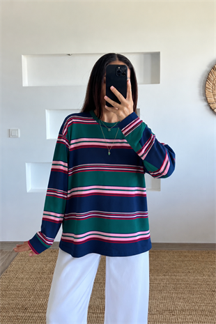 Yeşil Yumuşak Dokulu Çizgili Sweat uygun fiyatlarda www.butikhola.com adresinde