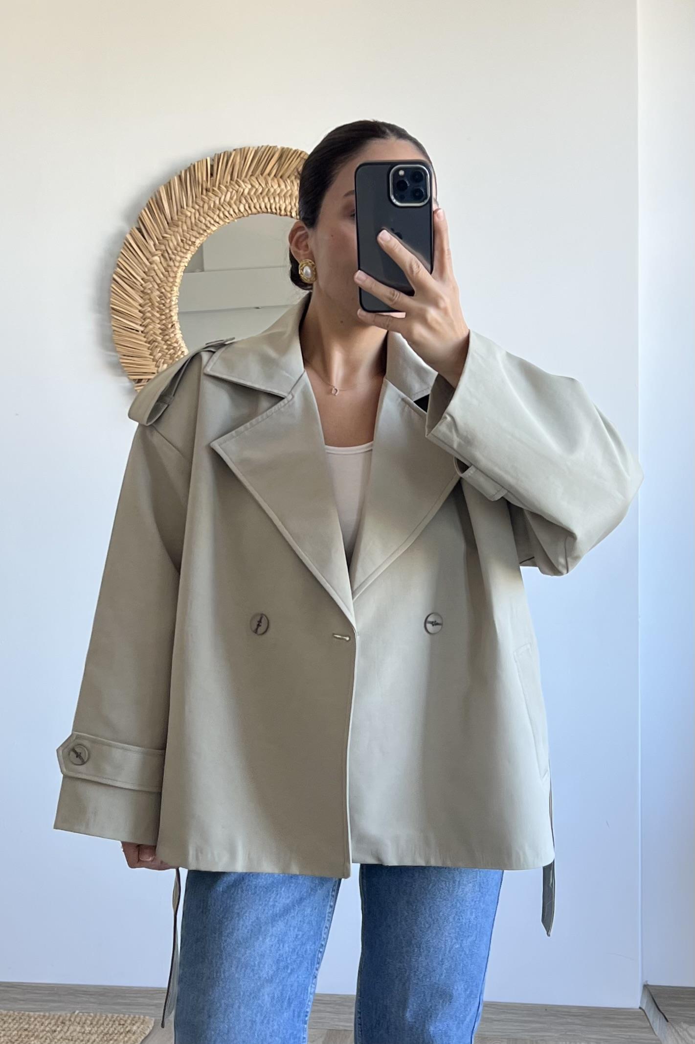 Açık Yeşil Premium Kuşaklı Kısa Trençkot uygun fiyatlarda www.butikhola.com adresinde