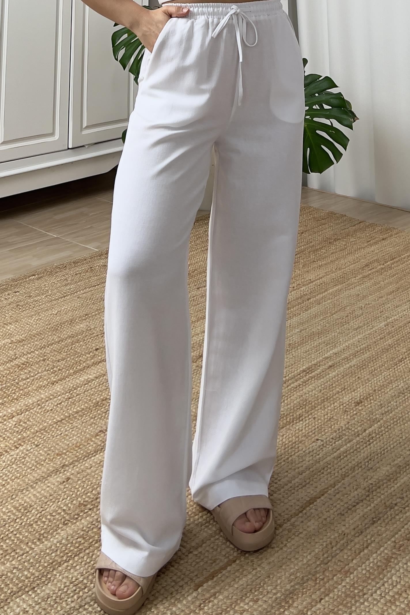 Beyaz Beli İpli Cepli Keten Pantolon uygun fiyatlarda www.butikhola.com adresinde