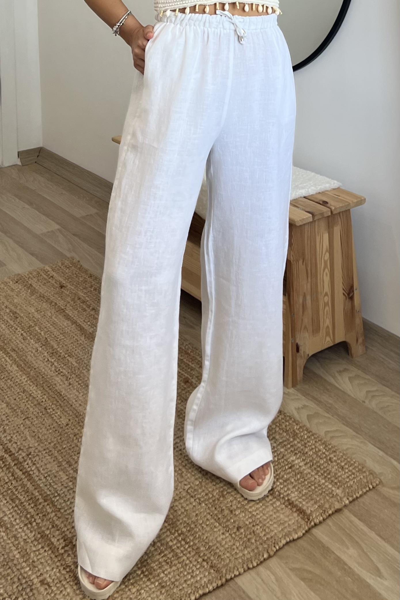 Beyaz Beli İpli Ham Keten Comfort Pantolon uygun fiyatlarda www.butikhola.com adresinde