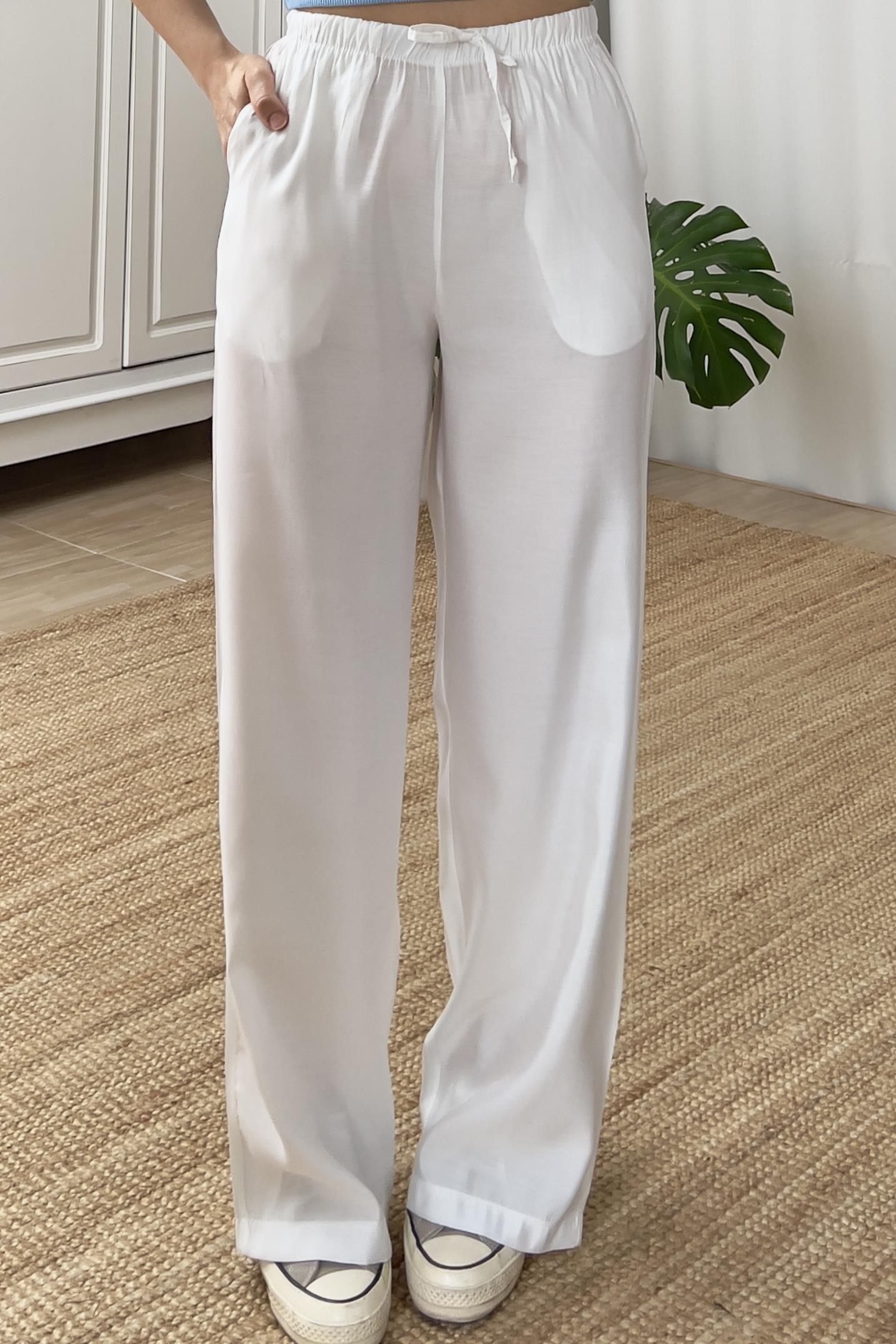 Beyaz Beli İpli Tensel Pantolon uygun fiyatlarda www.butikhola.com adresinde