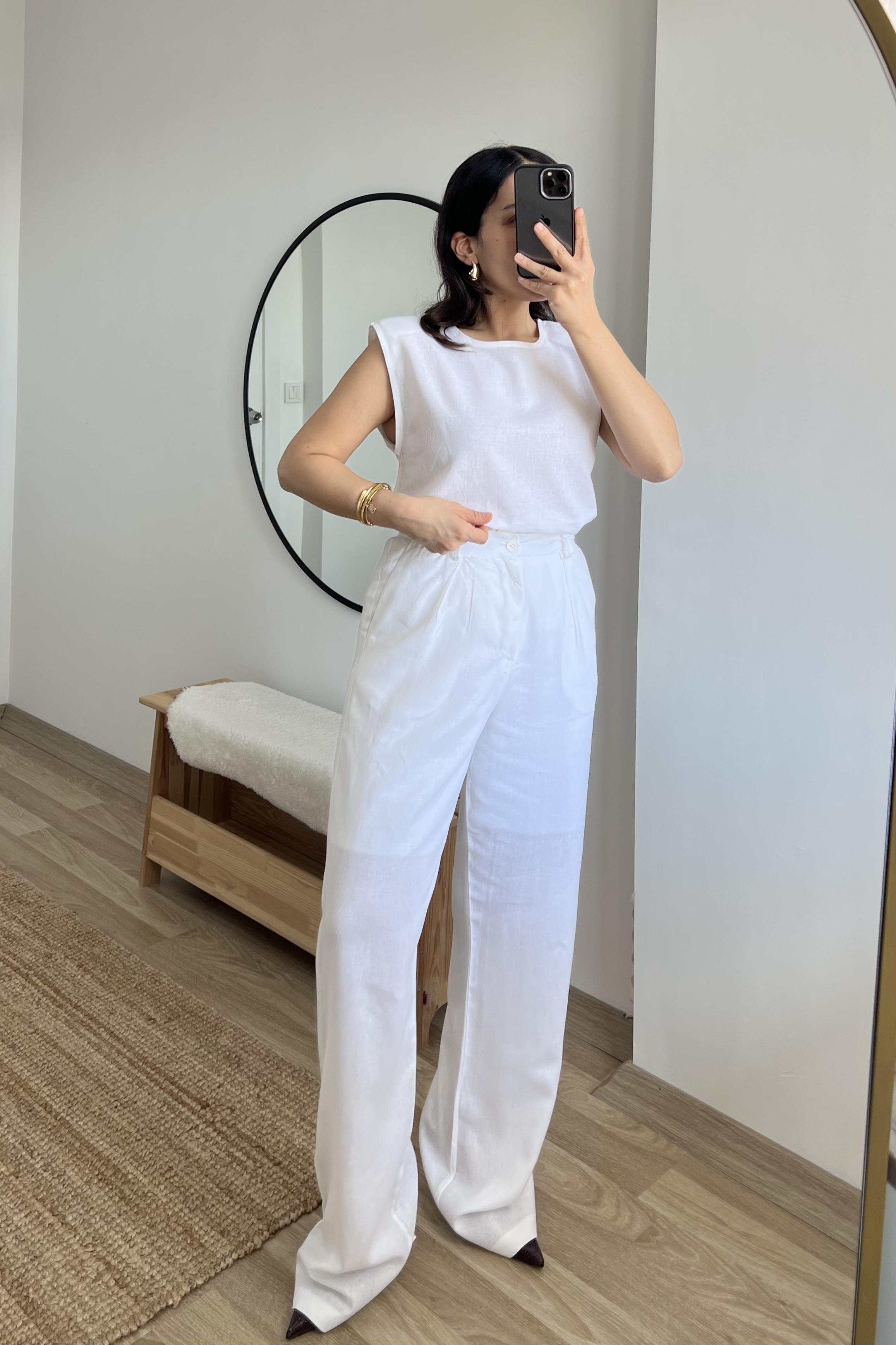 Beyaz Keten Bluz Pantolon Takım uygun fiyatlarda www.butikhola.com adresinde