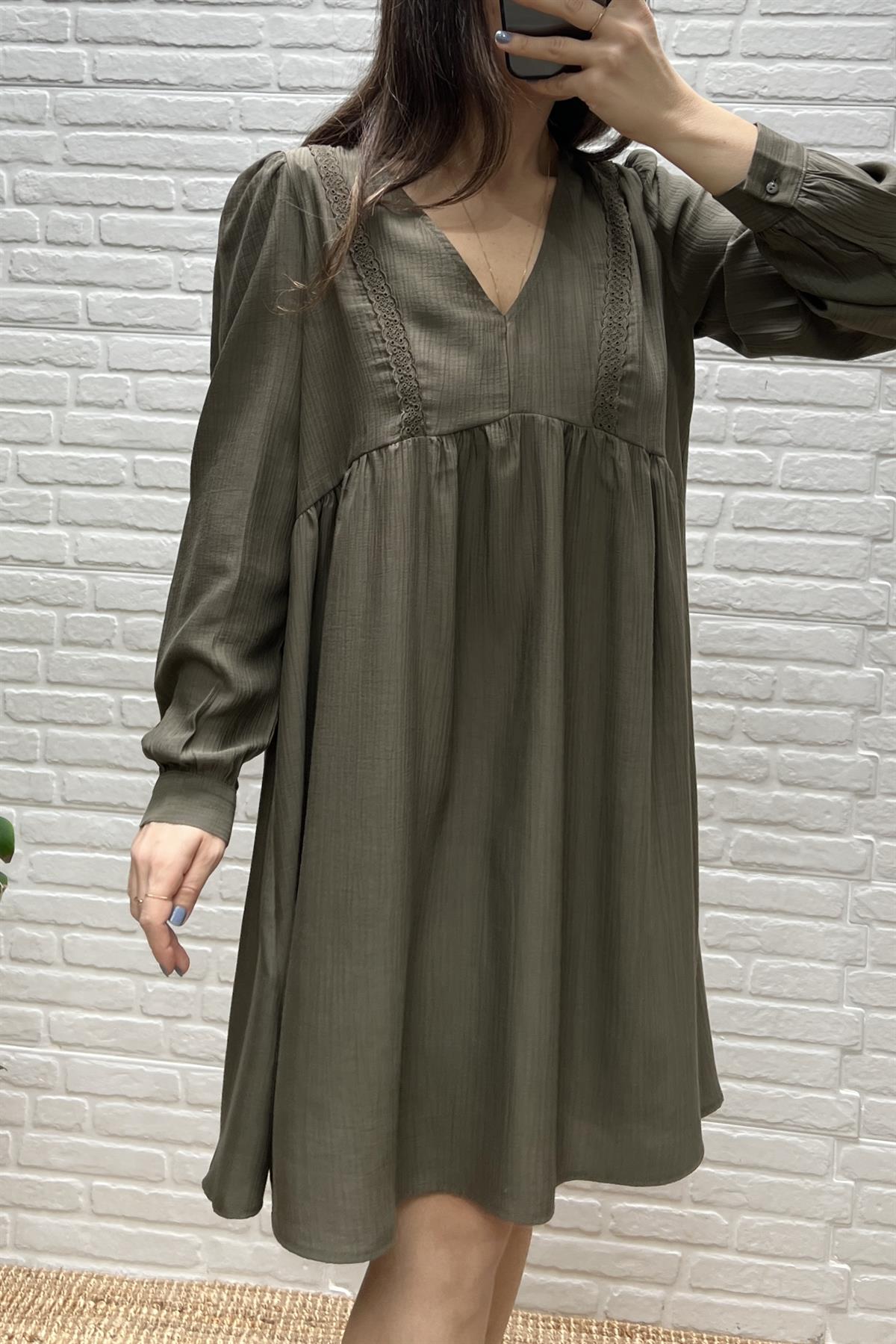 Haki Dantel Detaylı Krinkıl Elbise  uygun fiyatlarda www.butikhola.com adresinde