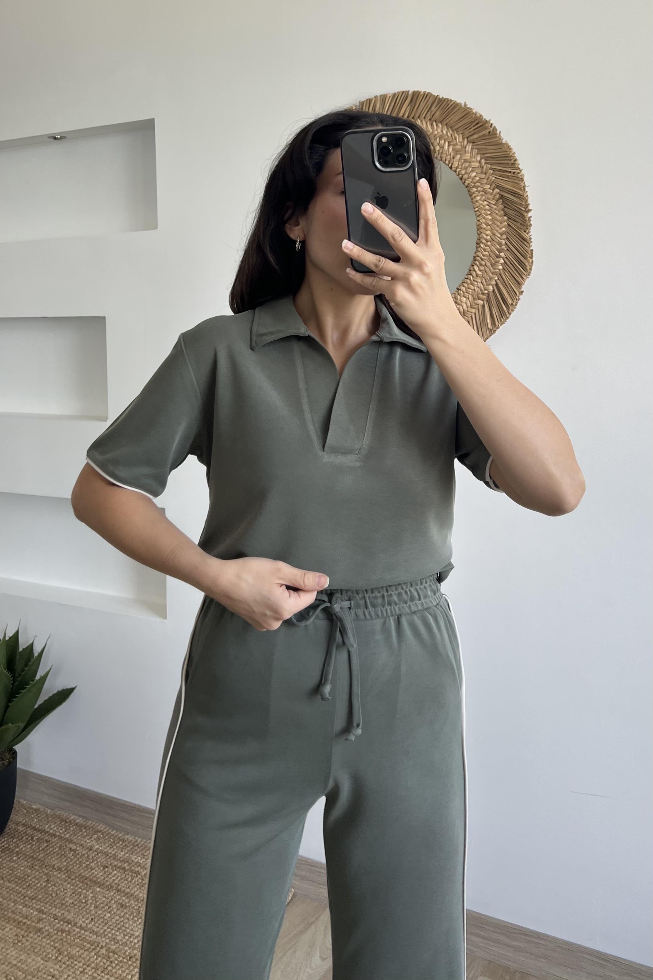 Haki Oysho Kumaş Modal Polo Yaka Tshirt Pantolon Takım uygun fiyatlarda www.butikhola.com adresinde
