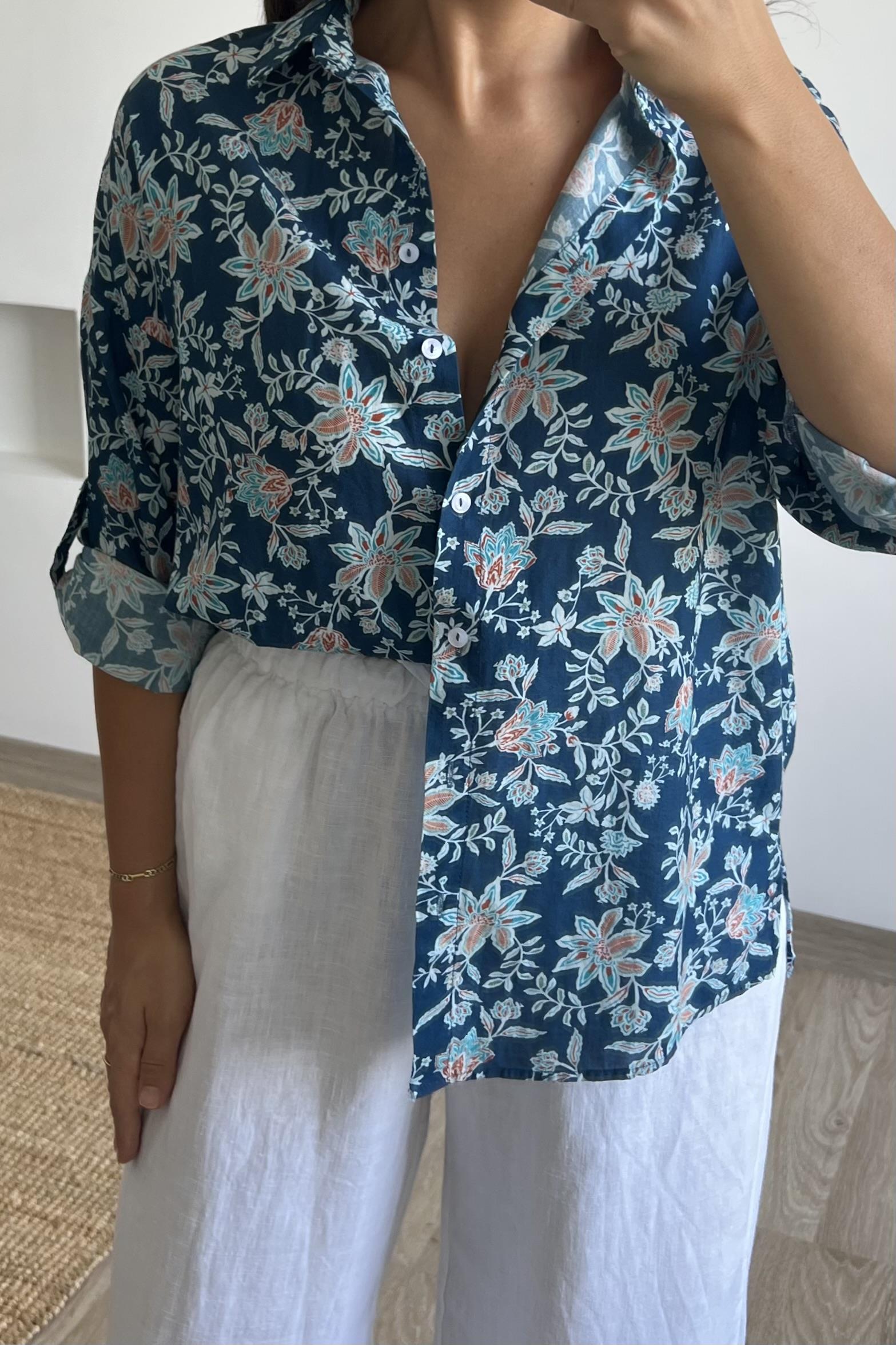 İndigo Çiçekli Empirme Gömlek uygun fiyatlarda www.butikhola.com adresinde