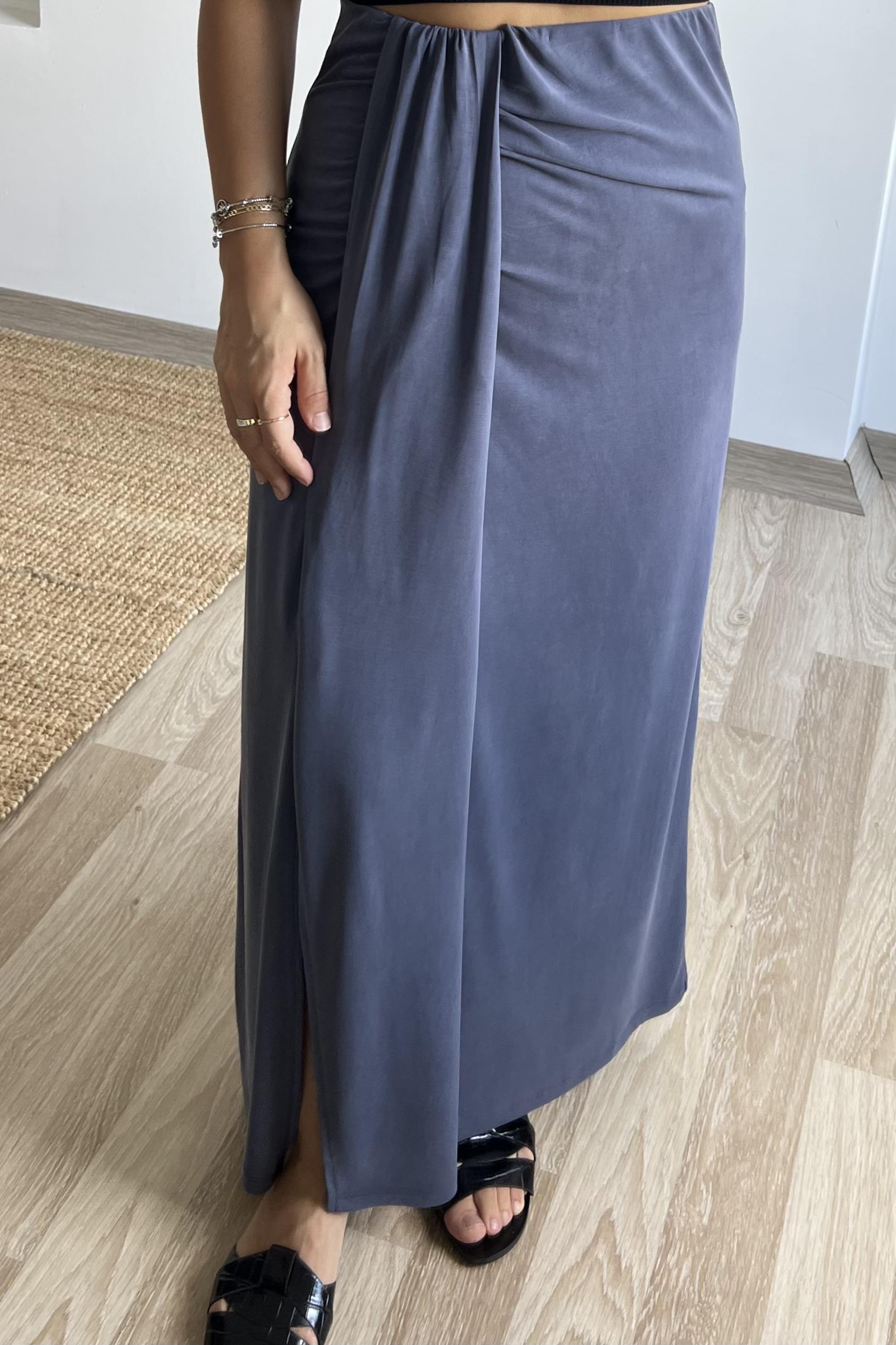 İndigo Düğüm Detaylı Yırtmaçlı Modal Etek uygun fiyatlarda www.butikhola.com adresinde