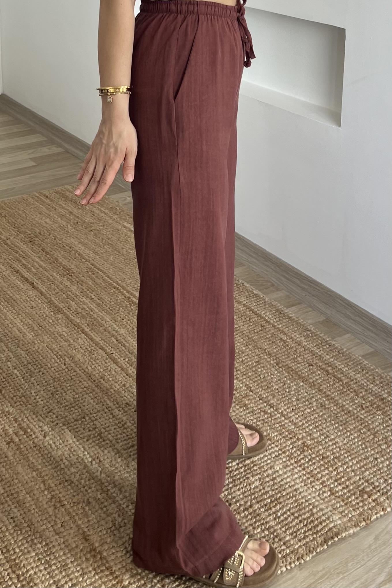 Kiremit Düz Kesim Keten Pantolon uygun fiyatlarda www.butikhola.com adresinde