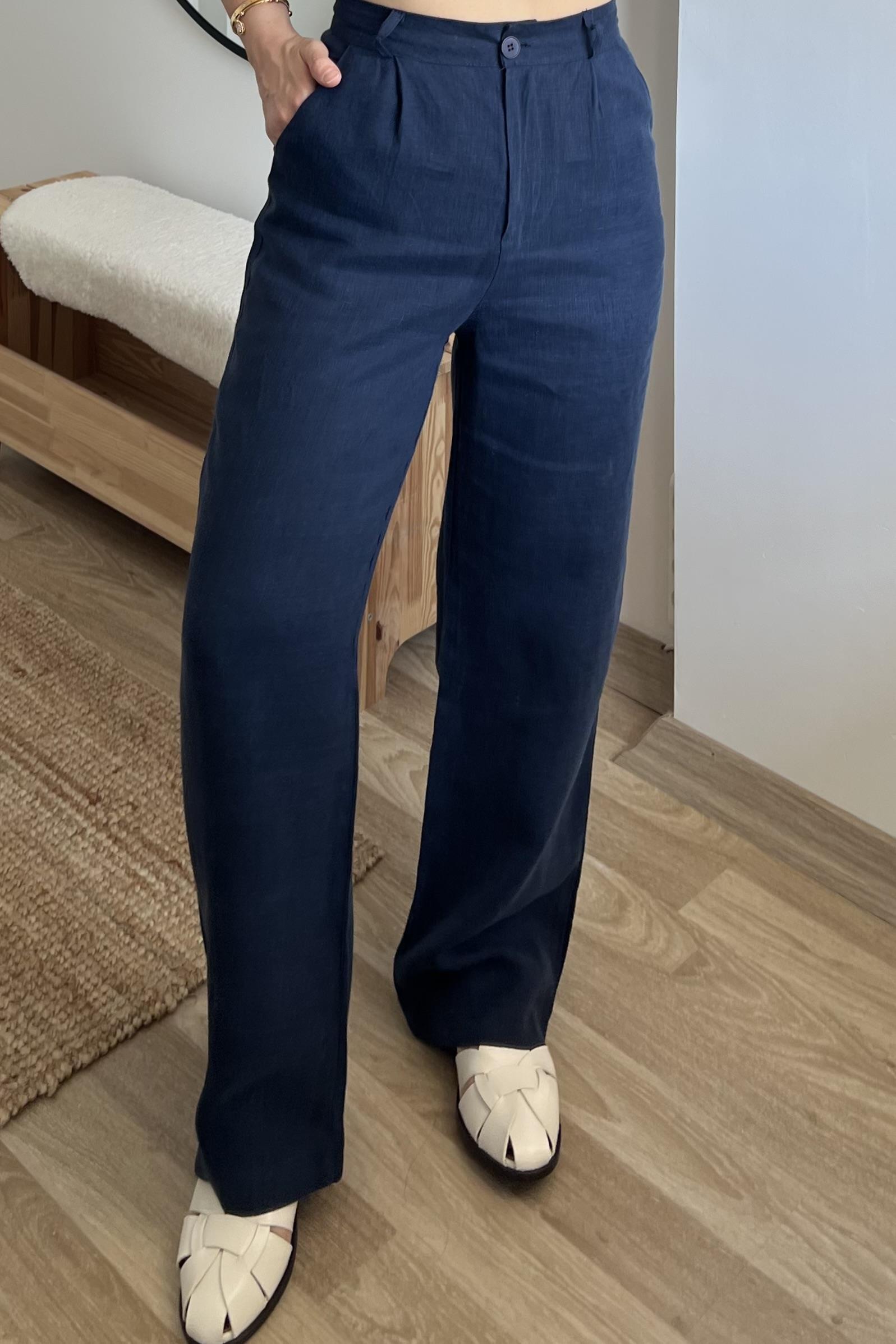 Lacivert Ham Keten Düz Kesim Pantolon uygun fiyatlarda www.butikhola.com adresinde