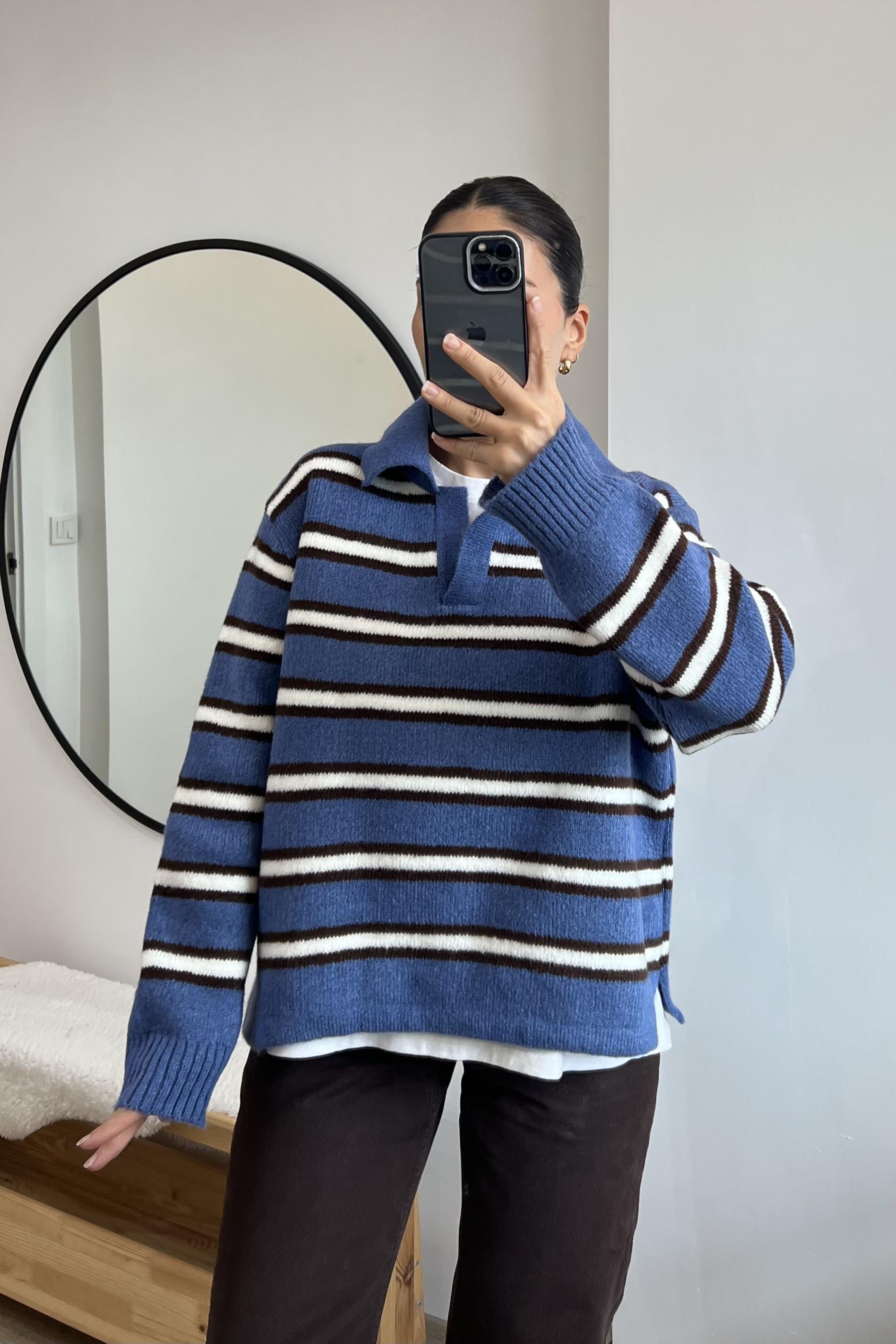 Mavi Kahve Çizgili Polo Yaka Kazak uygun fiyatlarda www.butikhola.com adresinde