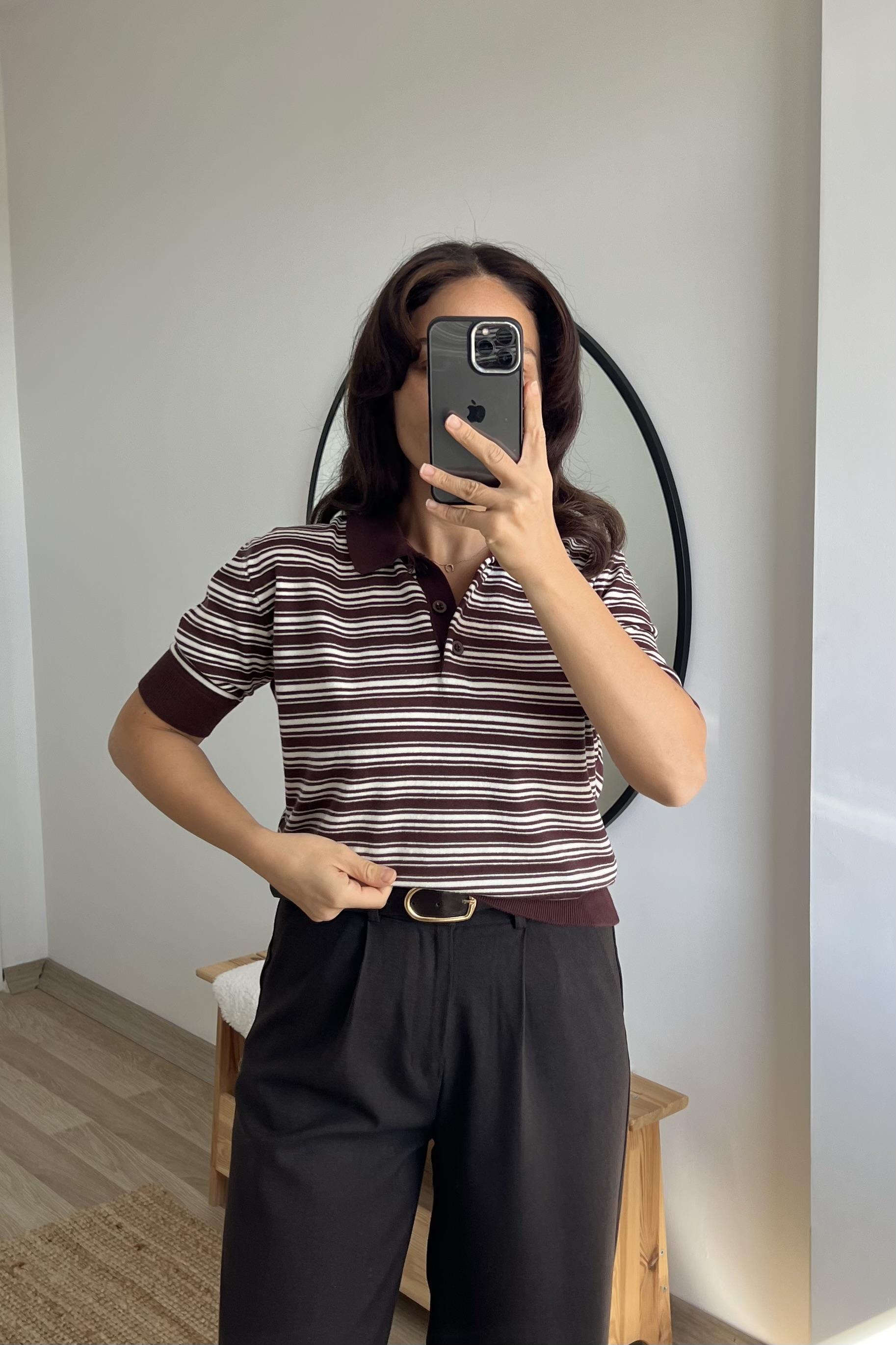 MD Kahverengi Çizgili Polo Yaka Triko uygun fiyatlarda www.butikhola.com adresinde