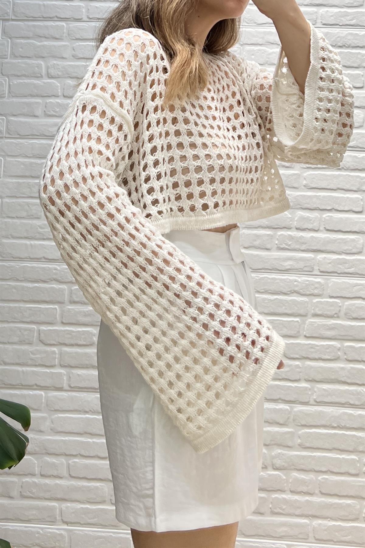 Taş Rengi Ajurlu Crop Bluz uygun fiyatlarda www.butikhola.com adresinde