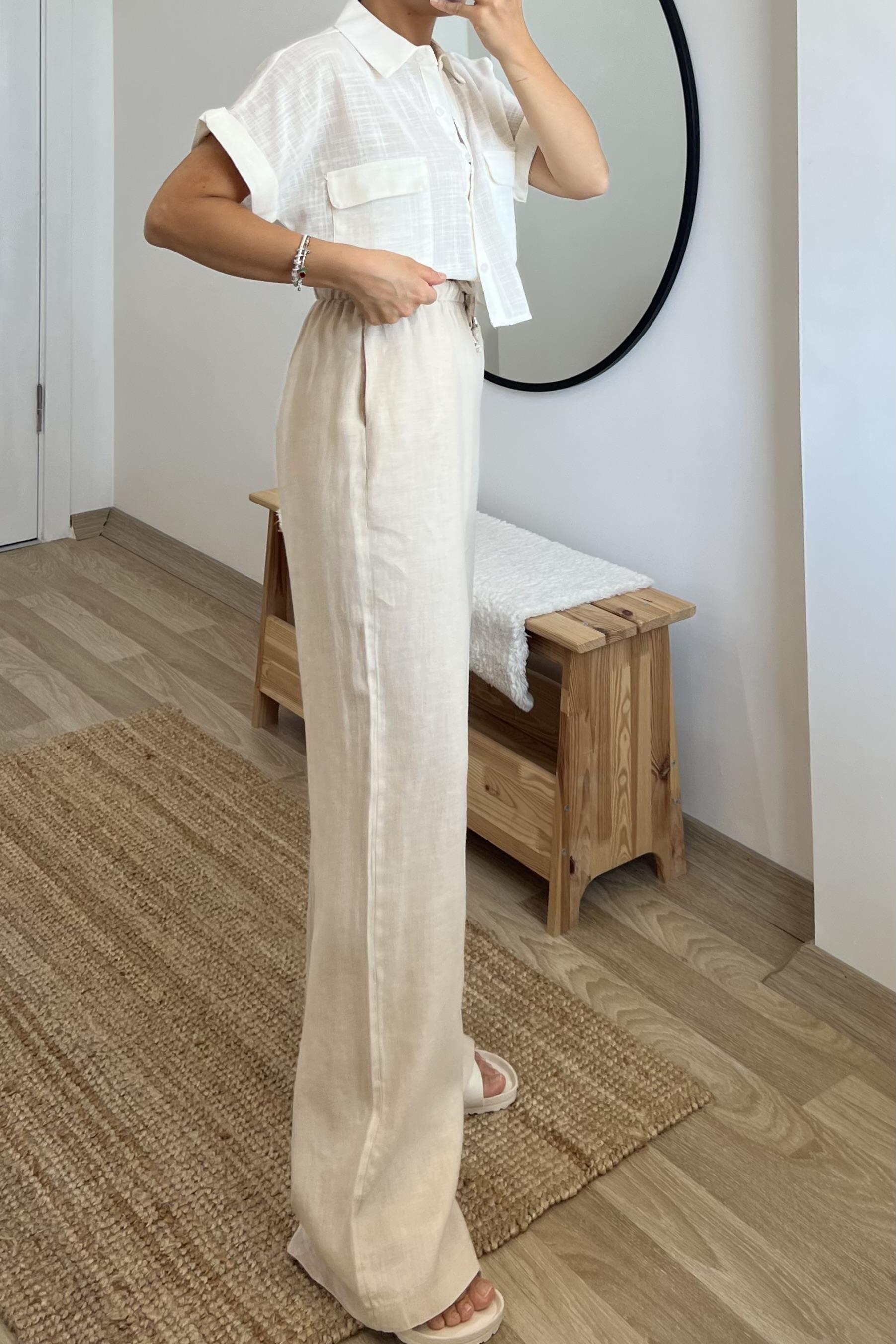 Taş Rengi Beli İpli Ham Keten Comfort Pantolon uygun fiyatlarda www.butikhola.com adresinde