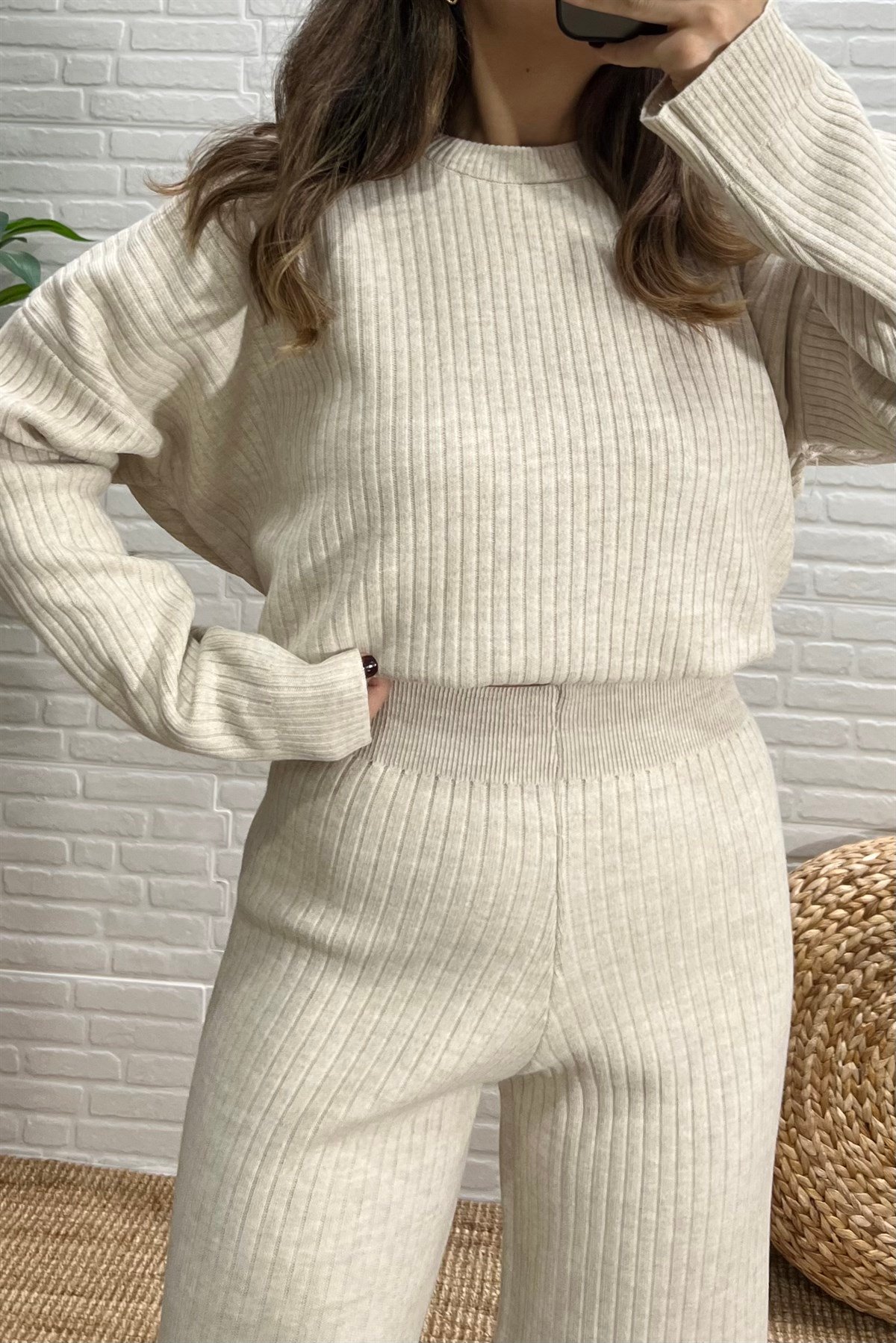 Taş Rengi Fitilli Triko Takım uygun fiyatlarda www.butikhola.com adresinde