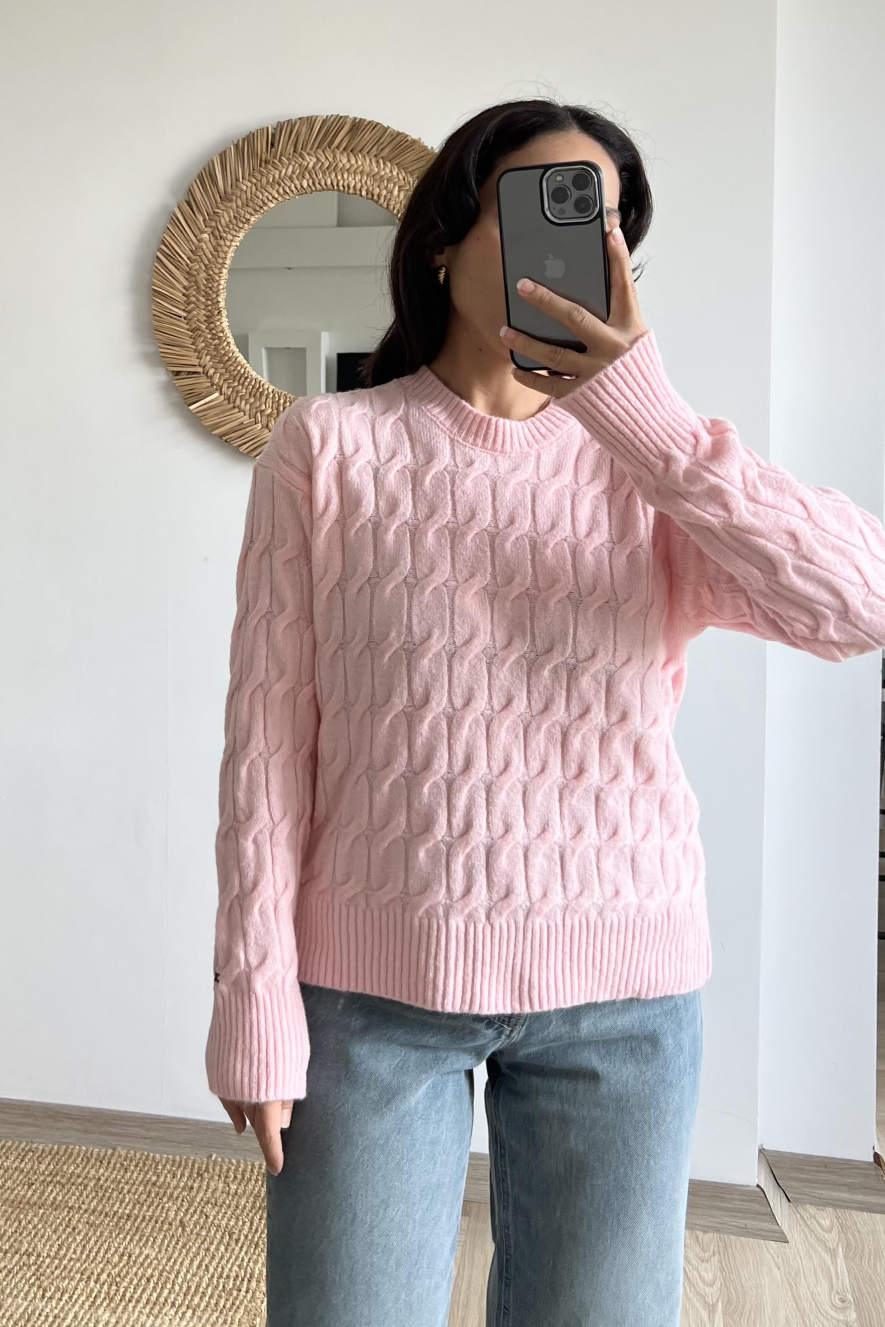 TH Pembe Saç Örgülü Yumuşak Dokulu Kazak  uygun fiyatlarda www.butikhola.com adresinde