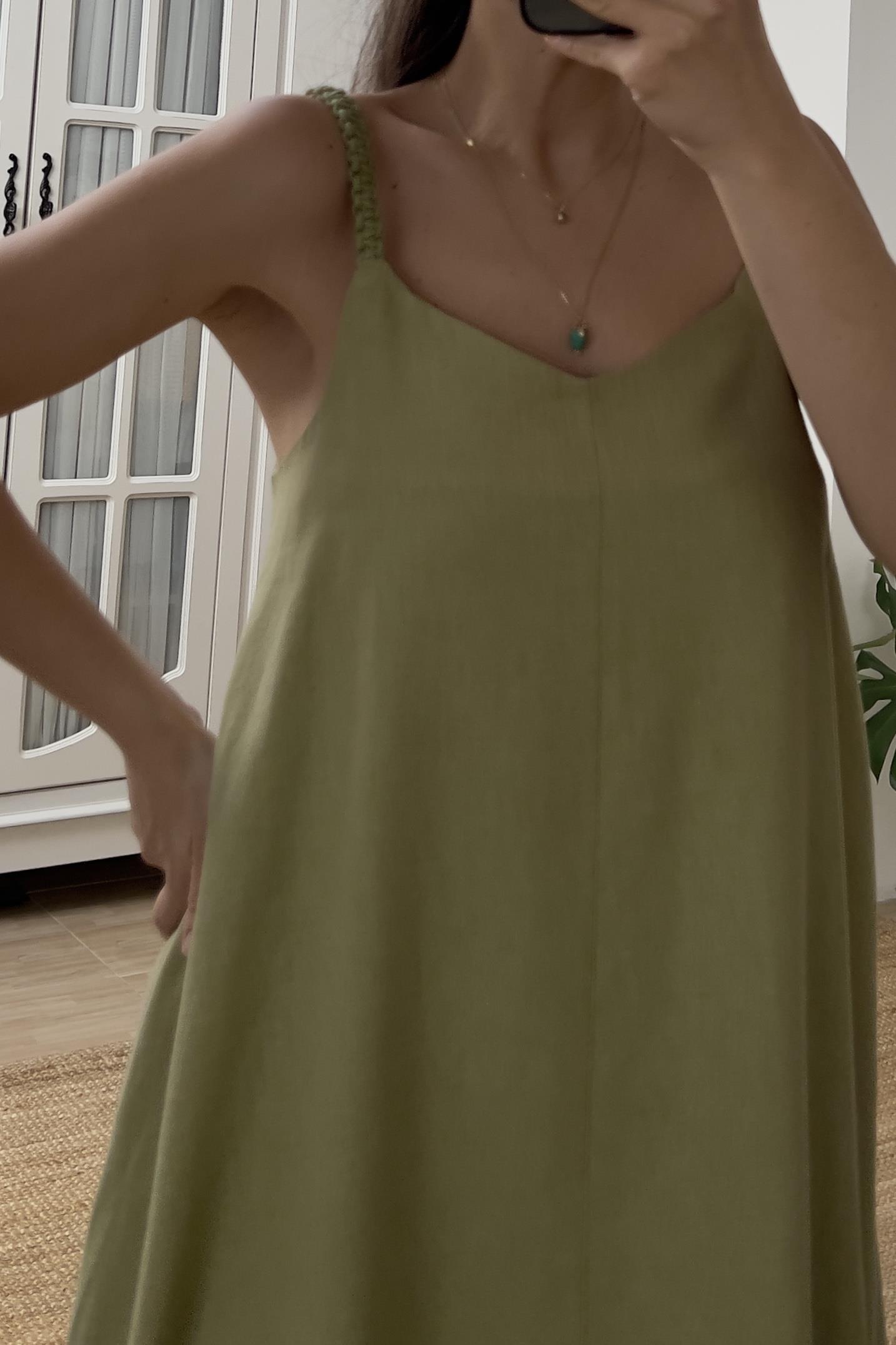 Yeşil Örgü Askı Detaylı Astarlı Keten Elbise uygun fiyatlarda www.butikhola.com adresinde