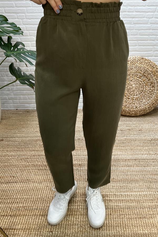 Haki Beli Lastikli Cepli Tensel Pantolon uygun fiyatlarda www.butikhola.com adresinde