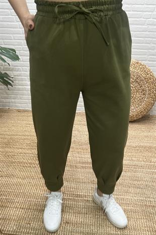 Haki Beli Lastikli Paçası Pileli Gabardin Pantolon uygun fiyatlarda www.butikhola.com adresinde