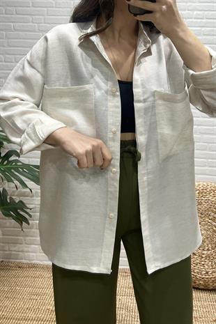 Taş Rengi Çift Cep Kol Katlama Detaylı Keten Gömlek uygun fiyatlarda www.butikhola.com adresinde