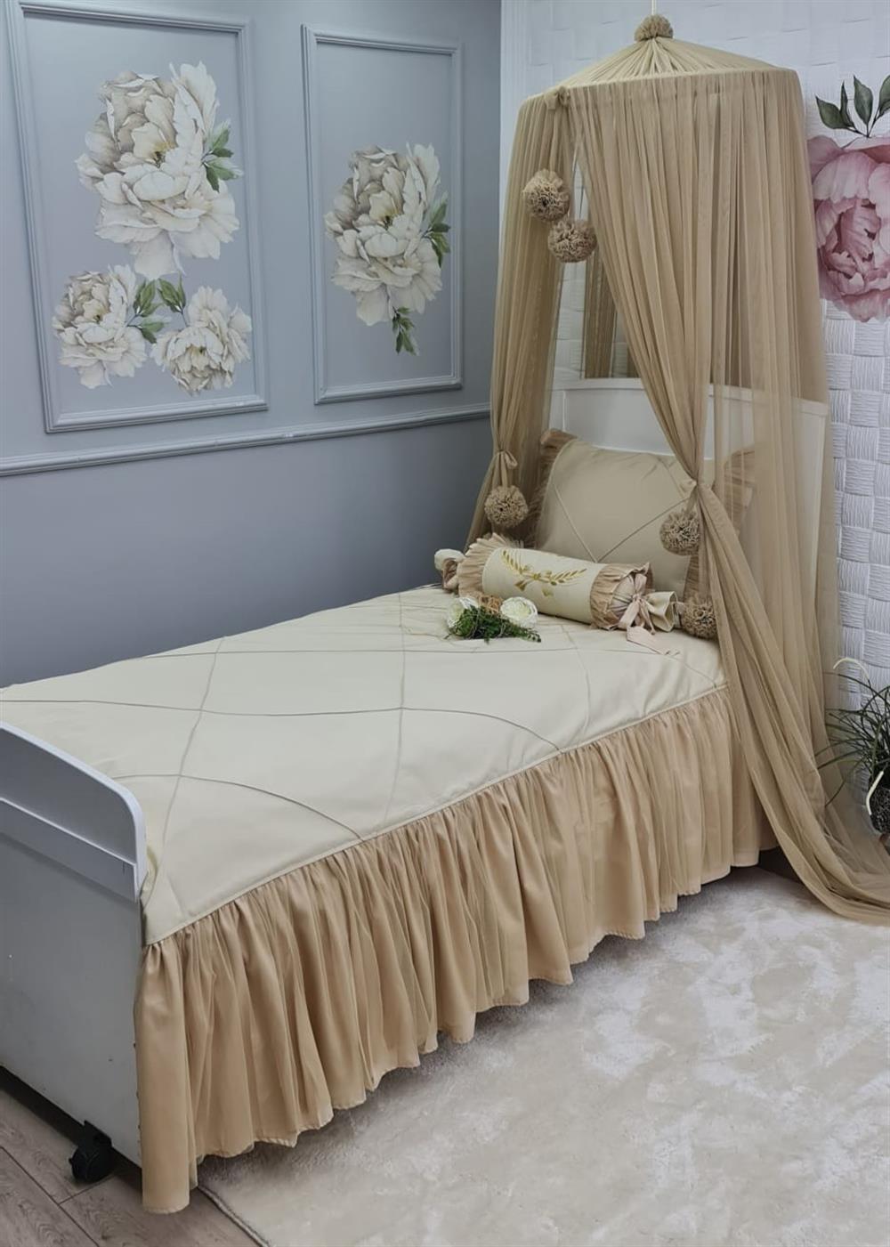 ELEGANT BEJ  TÜLLÜ TEK KİŞİLİK YATAK ÖRTÜSÜ
