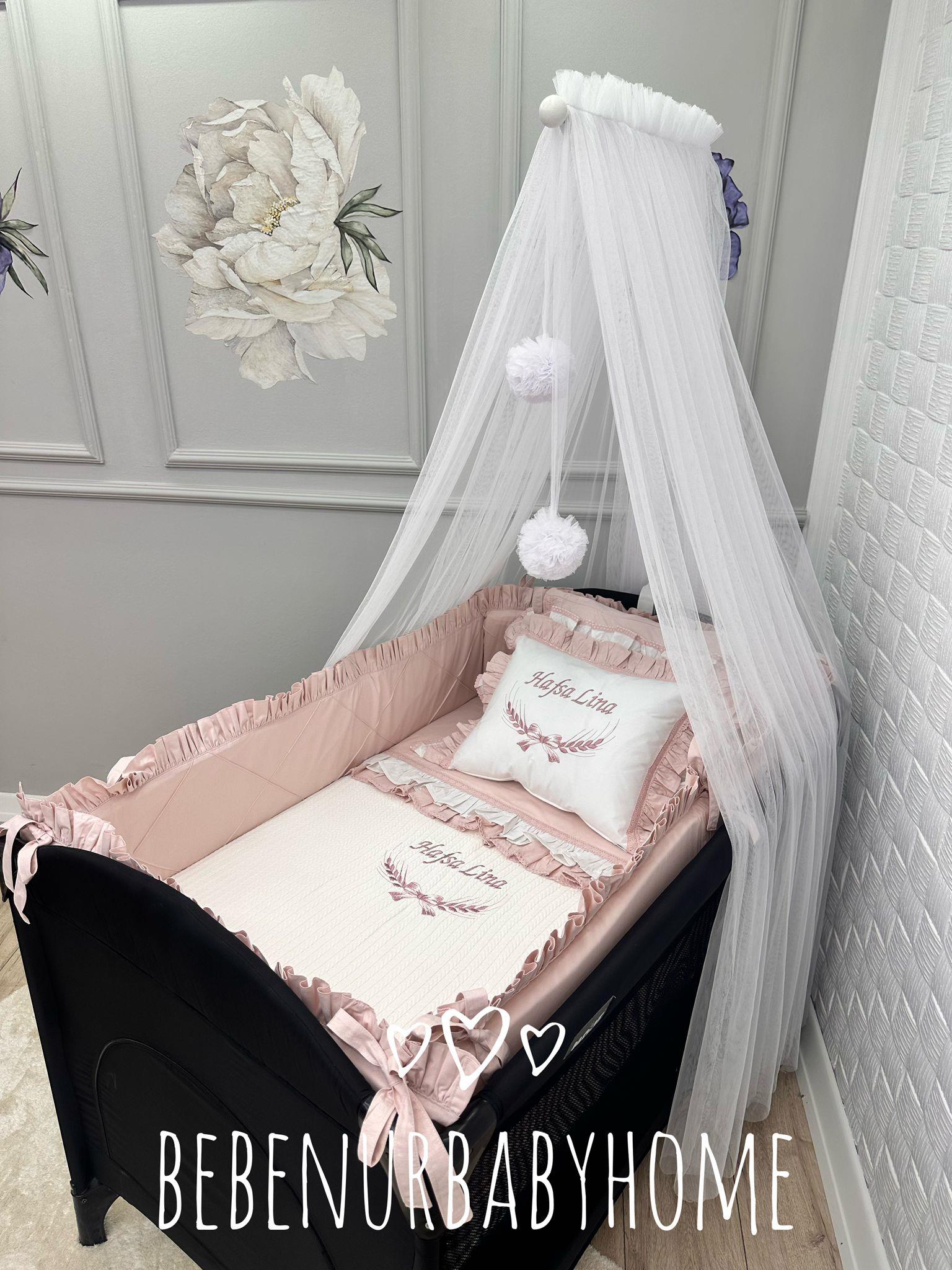 ELEGANT BEYAZ PUDRA FIRFIRLI PARK BEŞİK UYKU SETİ 