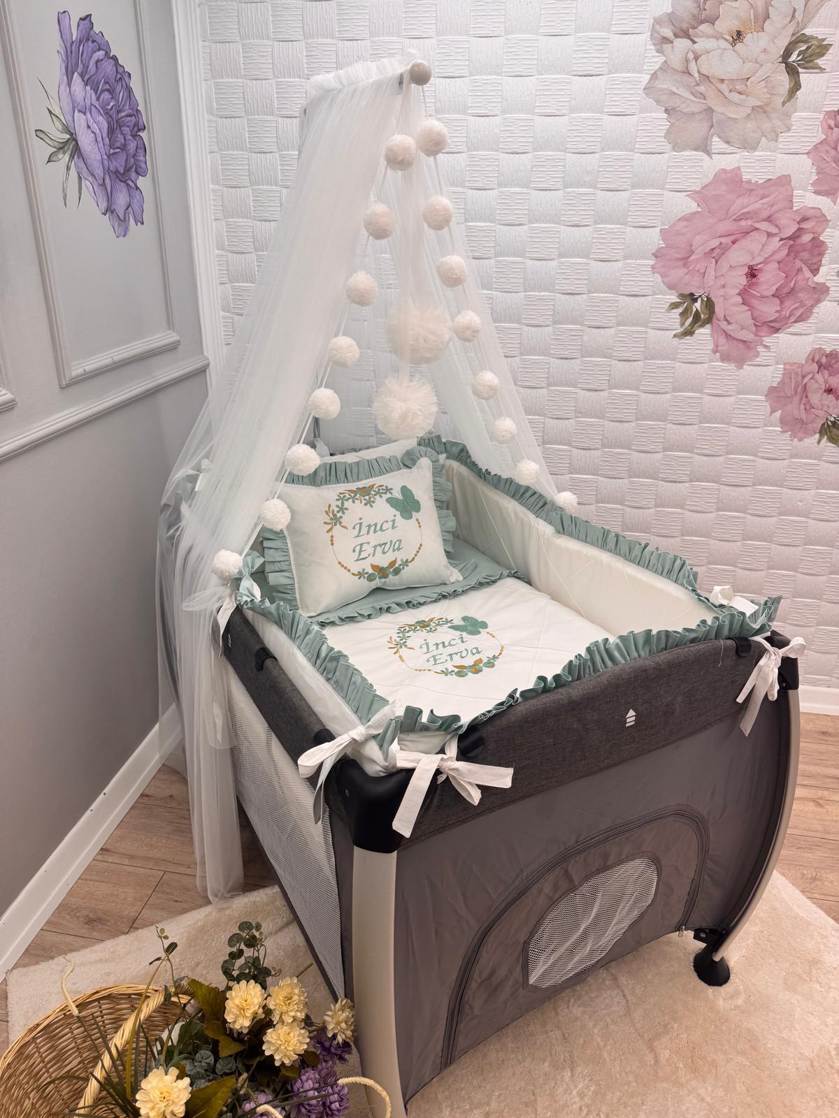 ELEGANT EKRU -MİNT YEŞİL FIRFIRLI PARK BEŞİK UYKU SETİ 