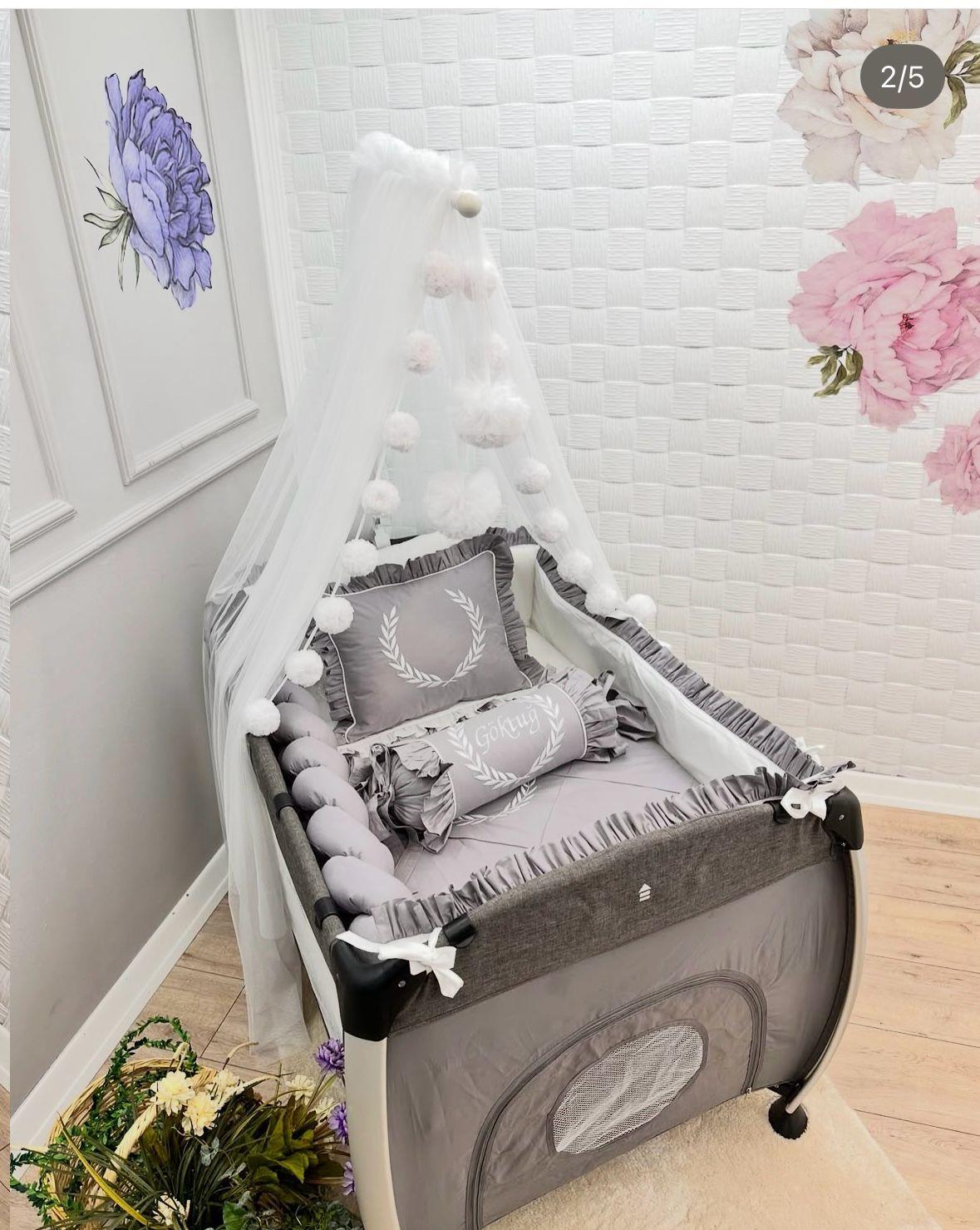 ELEGANT GRİ BEYAZ FIRFIRLI PARK BEŞİK UYKU SETİ 