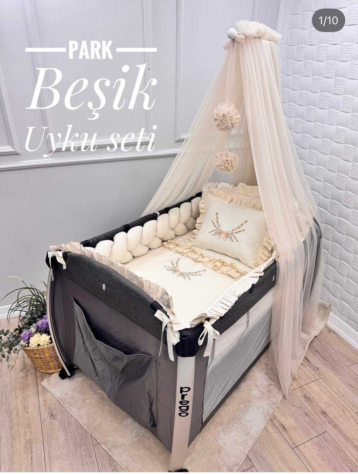 ELEGANT KREM VANİLYA FIRFIRLI PARK BEŞİK UYKU SETİ 