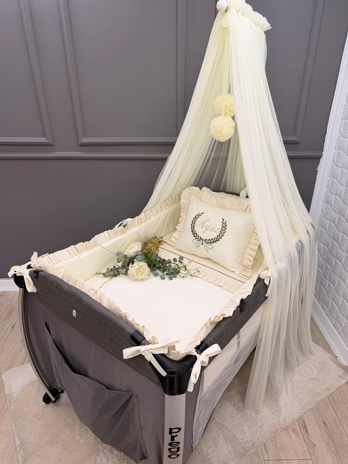 ELEGANT KREM VANİLYA KOMBİNLİ PİKELİ ÖRTÜLÜ PARK BEŞİK UYKU SETİ 