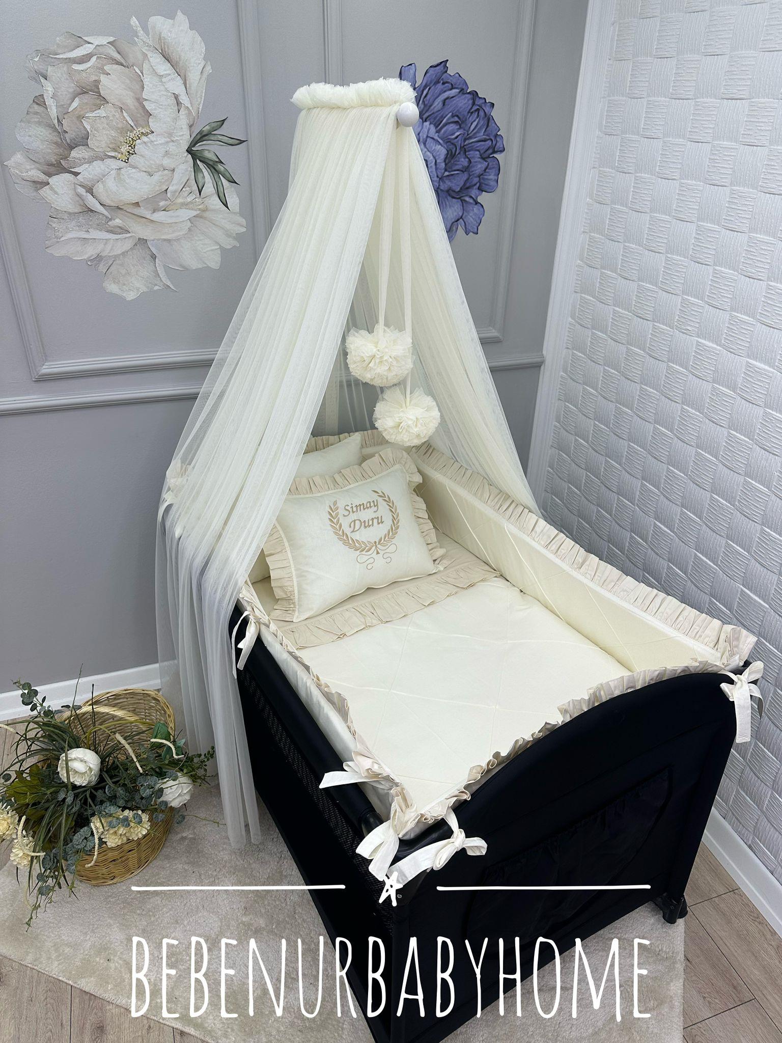 ELEGANT VANİLYA KREM BEYAZ FIRFIRLI PARK BEŞİK UYKU SETİ 